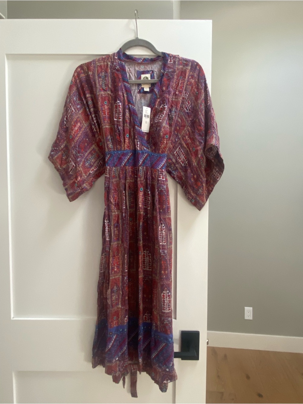 Boho Printed Midi Dress in Burgundy with Blue Accents